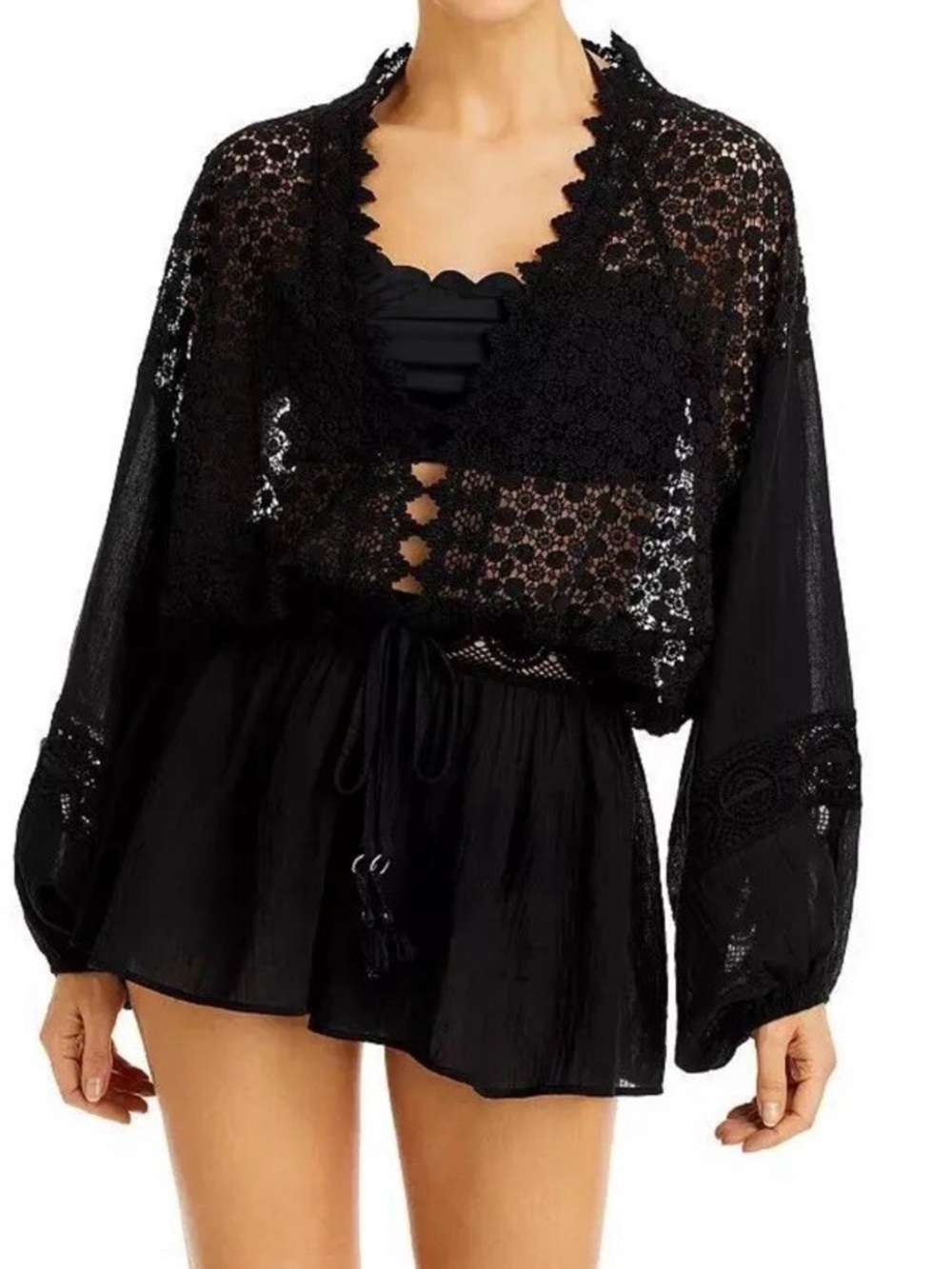 Ramy Brook Hilary Crochet Cover Up Romper Size XS Black Beach Boho Vacation